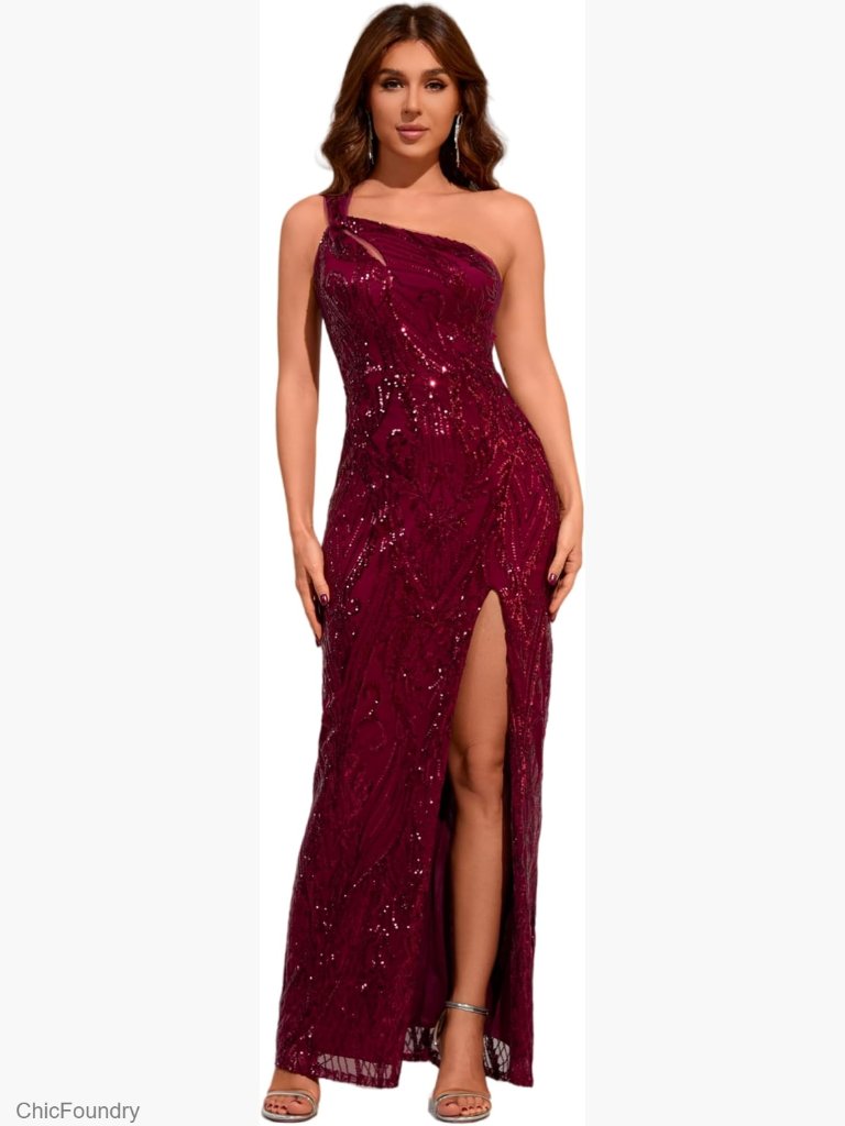 Elegant Evening Gown, One Shoulder Sequin Formal Dress With Slit For Prom